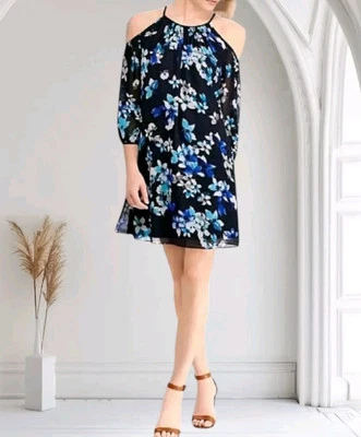 Vestido Corto American Living de Gasa Talla 14 Azul Estampado Floral Forrado Hombro Frío Foto 1 de 4