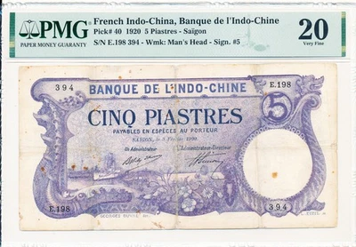 Banque de l'Indochine Indochina Francesa 5 Piastras 1920 Saigón PMG 20 Foto 1 de 2