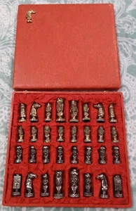 Rare Antique Heavy Pewter Chess Set Christians vs Moors 1950s w/ 3D KNIGHT CASE - Picture 1 of 18