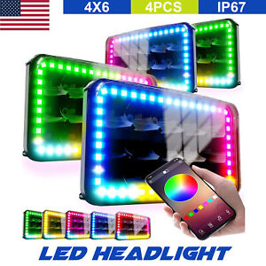 4PCS 4X6 LED Headlight Assemblies Hi/Lo Beam with RGB Halo For Mustang 79-86