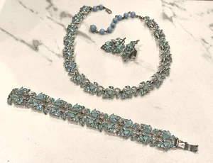 CORO DEMI PARURE SILVER BLUE ENAMEL RHINESTONE Necklace Bracelet EARRINGS SET EU - Picture 1 of 12