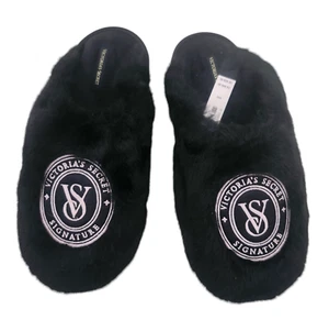 NWT Victoria's Secret Closed Toe Faux Fur Slipper Black VS Signature Logo 7/8 M - Picture 1 of 1