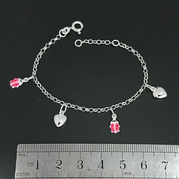Brand New - Sterling Silver Baby Childrens Bracelet Lady-Bird & Heart Charms - Image 1 of 4