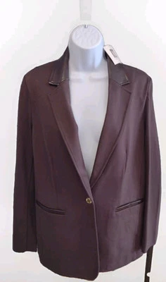 Blazer Anne Klein para mujer mediano imitación cuero ribete marrón oscuro chaqueta de un botón  Foto 1 de 4