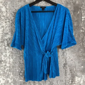 Holagen Size S Casual Wrap Top Tie Blue Short Sleeve V Neck - Picture 1 of 6