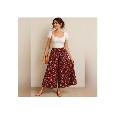 Pantalón para mujer VINTAGE floral borgoña fluido pierna ancha Goucho Palazzo - talla pequeña Foto 1 de 4