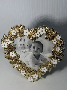 Enamel Gold Tone Heart Picture Frame B/H Beekman 4”x4” Velvet Back Freestanding - Picture 1 of 8