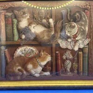 Vintage Cat Art Print with Books 11 1/4” x 9” x 1/2” - Picture 1 of 6