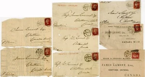 GB QV PENNY REDS to CANADA LAMONT in CHATHAM ONT.PRINTED RATE BOOK POST 8 FRONTS - Picture 1 of 7