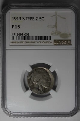 1913-S .05 NGC  F15 TYPE 2 Buffalo Nickel, Indian Nickel, 5 Cent Piece - Image 1 of 2