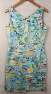 Vintage 90s Sheath Dress 6 Petite Pastel Sleeveless Whimsical Town Novelty Print - Image 1 of 4