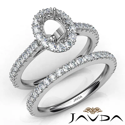 Oval Semi Mount French V Cut Pave Diamond Engagement Ring Bridal Sets 1.5Ctw - Image 1 of 4