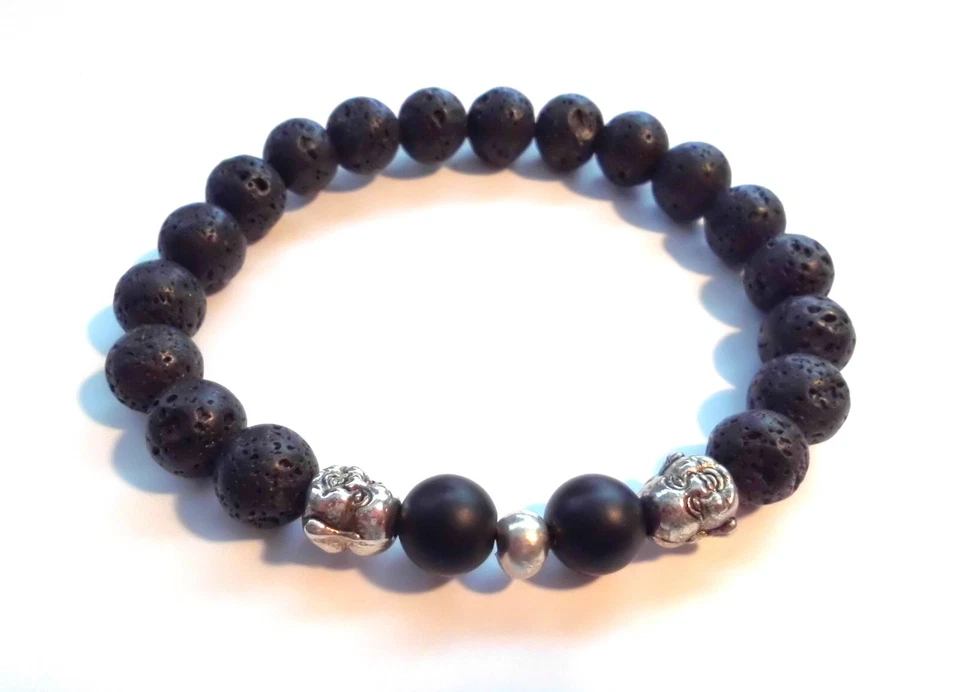 PULSERA ELÁSTICA CON CUENTAS 8.5" LAVA NEGRA PARA HOMBRE con BUDA PLATEADA 10mm NUEVA *EE. UU. Foto 1 de 4