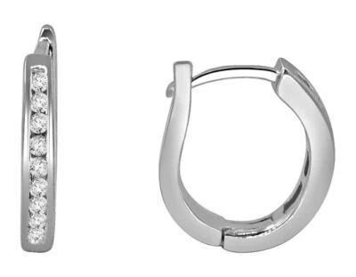 I1 G Channel Set 0.20 Ct Natural Diamond 14K White Gold Hoops Earring Appraisal - Image 1 of 4