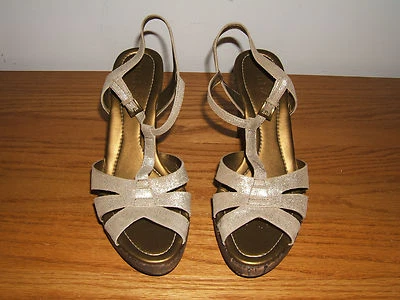 NWOB Women's UNISA Golden Glitter Embellished Cork Wedge Heel Slingbacks 7 1/2 - Image 1 of 4