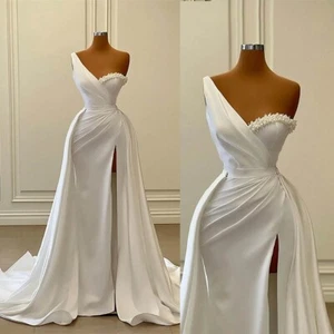 Strapless Evening Wedding Satin Dresses Pearls Split Mermaid Detachable Train - Picture 1 of 17