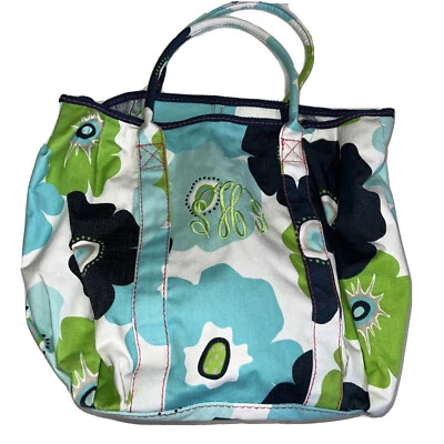 Thirty One Medium Green Blue Tote Bag Fabulous Floral Monogramm SHG Vinyl Lined - Image 1 of 4