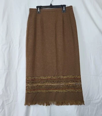 Sag Harbor Brown Wool Blend Stripe Fringe Hem Long Pencil Skirt 8 Petite Vintage — 第 1/4 张图片
