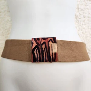Vintage 80s Statement Belt Tan Wide Elastic Band Closure Buckle Pendant 28" - Picture 1 of 6