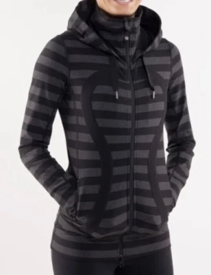 Lululemon Stride Jacket Black Stripes Gray Hooded Logo Jacket Size 6 - Image 1 of 4