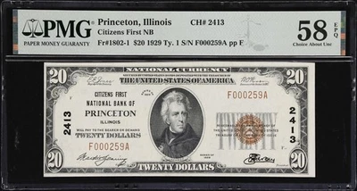 Princeton, IL $20 1929 T1 Fr. 1802-. Citizens First NB. #2413 PMG AU 58 EPQ - Image 1 of 2