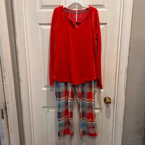 Jockey Damen rot Samt Langarm Pyjama Oberteil kariert Hose Set klein Urlaub - Bild 1 von 9