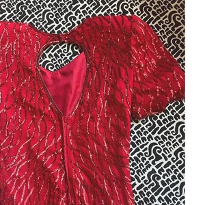 Vintage Silk Dress,  80s, Handsewn Sequins, Party Dress Keyhole Back, Sexy red - Picture 1 of 9