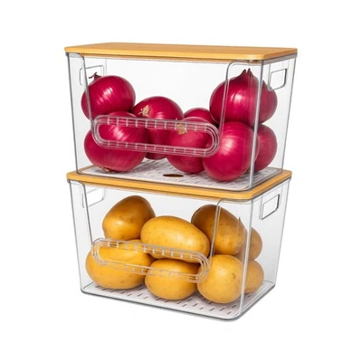 Paquete de 2 contenedores apilables de almacenamiento de patatas, cebollas y ajos con tapete ventilado transparente Foto 1 de 4