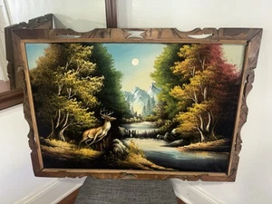 Vintage Velvet Oil Painting Mid Century Modern Nature Scene Deer HUGE 40” x 28” - Picture 1 of 4