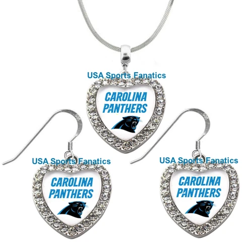 Carolina Panthers 925 Necklace or Earrings or Set Team Heart With Rhinestones Cover