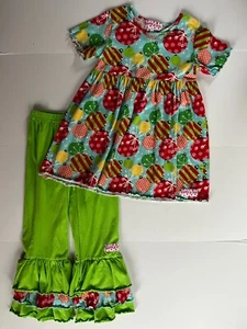 Ruffle Girl Two 2 Piece Outfit Girl's Sz 8 Christmas Ornaments Holiday Pants Top - Picture 1 of 8