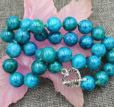 Collar de cuentas redondas de crisocola azurita de 12 mm broche de amor de plata tibetana de 18" Foto 1 de 3