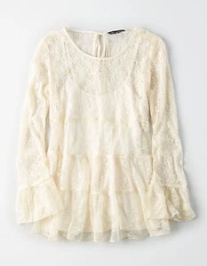American Eagle Outfitters Tunic Size Small Tiered Lace Bell Sleeve Ivory Sheer - Picture 1 of 12