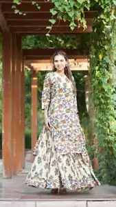 Bollywood Indian Long Hippi Print Kurta Pakistani Set - White Jaipuri Culture - Picture 1 of 3