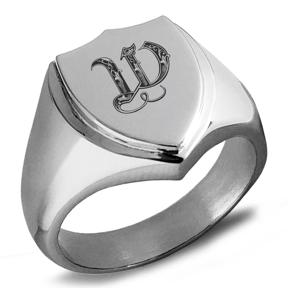 Anillo de sello de acero inoxidable con escudo con monograma real inicial para hombre Foto 1 de 1