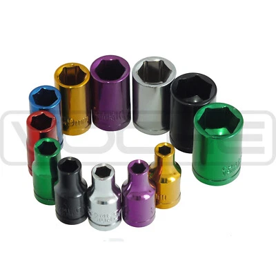 VOCHE® PRO 12 PIECE 1/4" SHALLOW DRIVE COLOURED SOCKET SET WITH STORAGE RAIL - Image 1 of 3