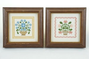 2 Miniature Floral Cross Stitch Framed Completed For Doll House 4.25" x 4.25" - Picture 1 of 8