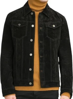 Men’s Black Genuine Suede Leather Trucker Jacket Shirt Collar Denim Style Jacket - Image 1 of 4