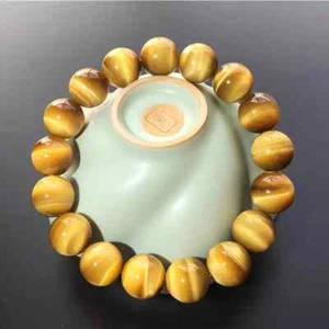 Echt Natürliches Gold Gelb Tigerauge Kristall Große Perlen Armband - Bild 1 von 5