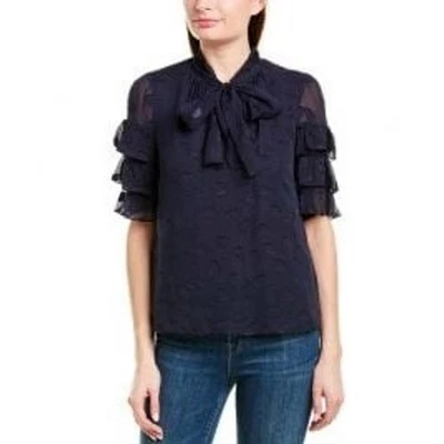 REBECCA TAYLOR Navy Blue Tie Neck Blouse Size 6 Ruffle Short Sleeve Chiffon Clip Foto 1 de 4
