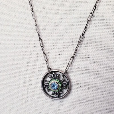 Vintage Liz Palacios SF Green & Blue Crystal Flower Silver Tone Pendant Necklace - Image 1 of 4