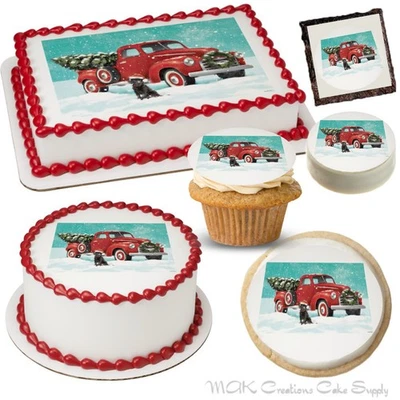 Camión clásico y árbol de Navidad con adornos para pasteles comestibles de laboratorio ~ ¡21 tamaños disponibles! Foto 1 de 4