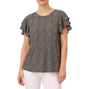 Top Adrianna Papell in maglia plissettata doppia manica, nero bianco a pois, carriera - Foto 1 di 15