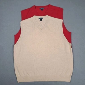 Lands End Pure Cashmere Sweater Vest Men's XL Lot Of 2 Khaki Red V Neck Ribbed  - Picture 1 of 19
