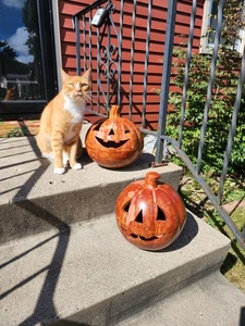 2er Set glasierte Terrakotta Jack-o'-Laterne Kürbis Mexiko 10" groß Halloween - Bild 1 von 9