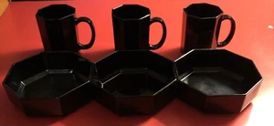 6ct Arcoroc OCTIME Black Set 3 Salad Soup Bowls 3 Coffee Mugs Octagonal Glass - Picture 1 of 10