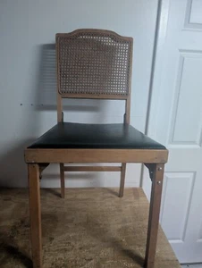 Vintage LEG-O- MATIC Folding Chair 38-3/4 Tall Cane Green Seat Maple Tone - Picture 1 of 9