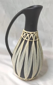 Gmunder Keramik Black Matte Pitcher Vase 1950s Mid-Century Austria Raffia Design - Picture 1 of 12