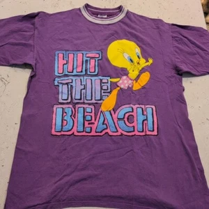 Vintage 90s Tweety Bird T Shirt Cartoon Beach Wear Purple Big Graphic Sz XL - Picture 1 of 13
