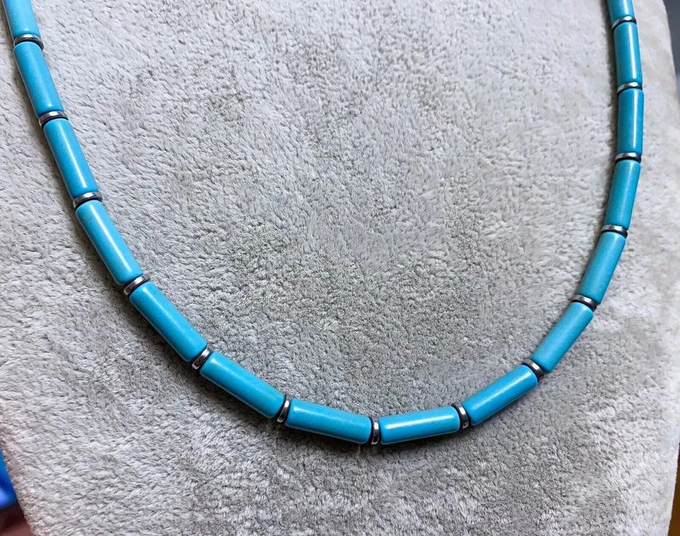 Collana Uomo Girocollo Pietra Naturale Turchese Ematite cilindri da Surfista 4mm - Immagine 1 di 1